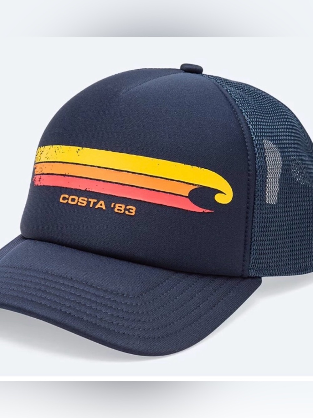 Costa 83’ vintage Navy Trucker Hat with Yellow and Coral Wave Graphic